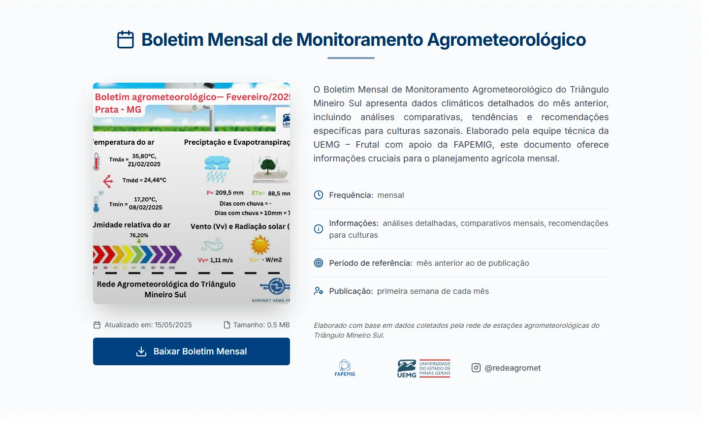 The monthly agrometeorological bulletin, in Portuguese: a preview of the February 2025 bulletin for Prata, MG, and its download button.