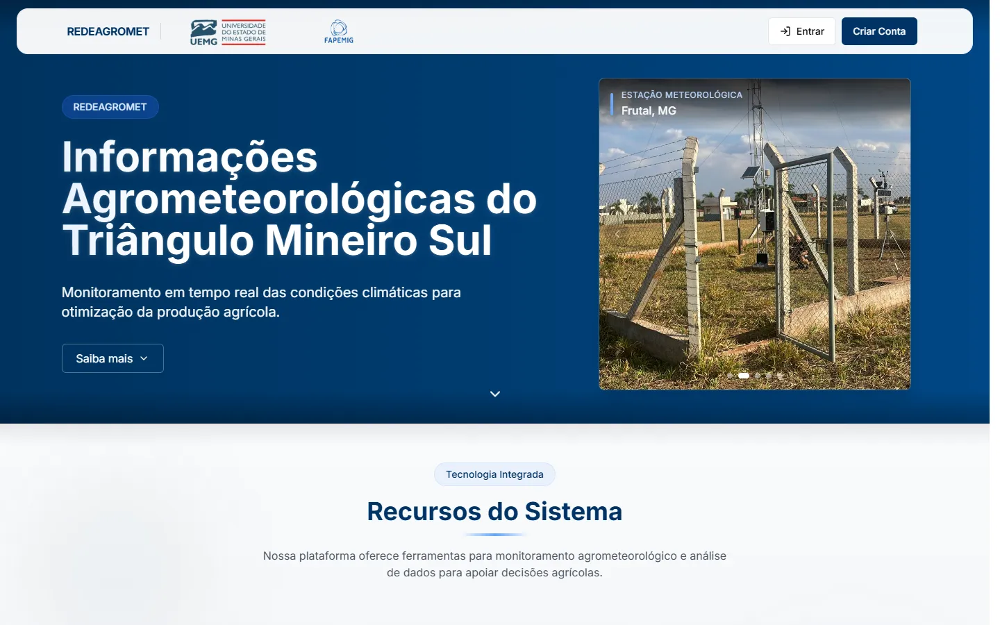RedeAgromet homepage, in Portuguese: agrometeorological information for the Southern Triângulo Mineiro, beside a photo of a weather station in Frutal.