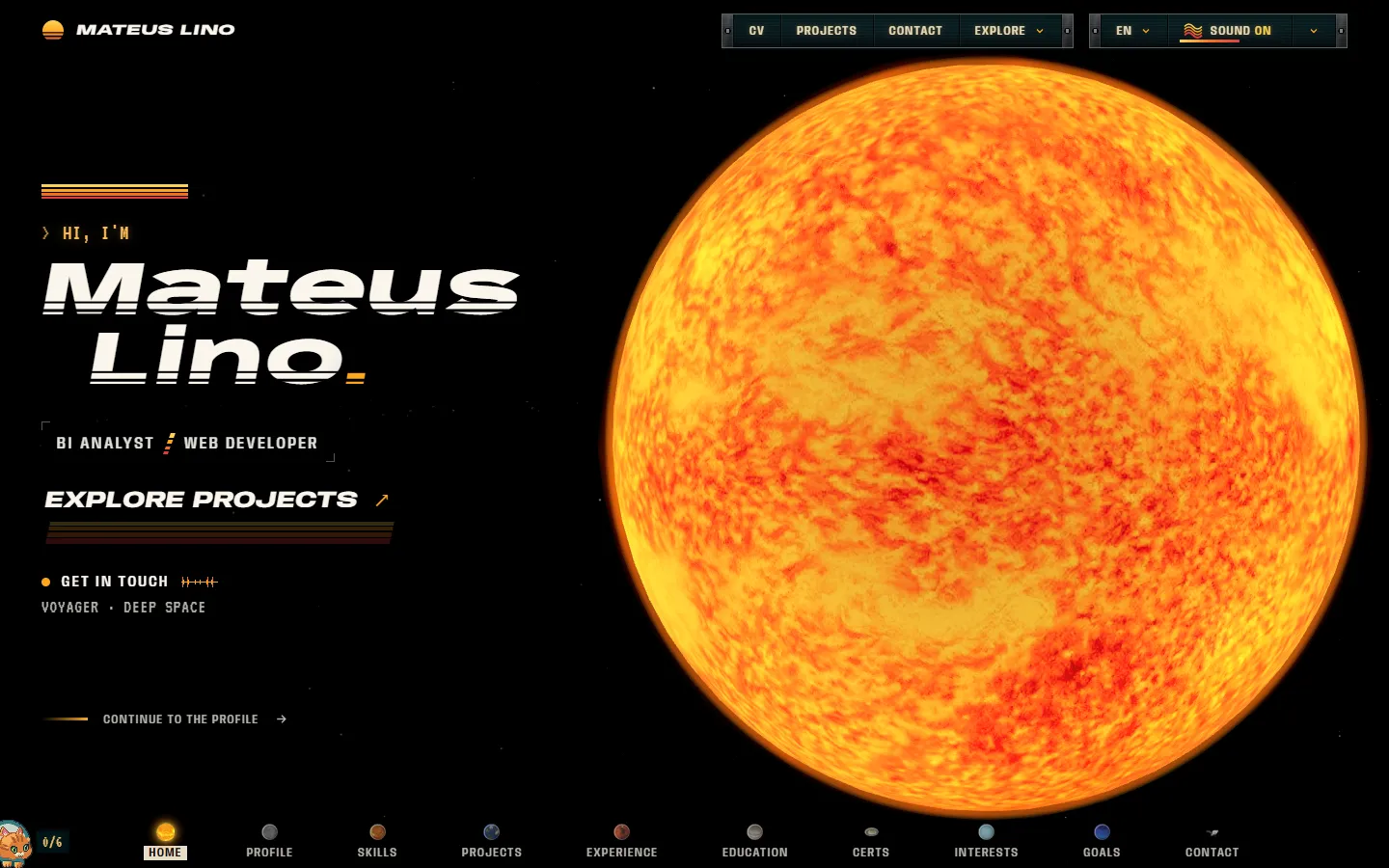 This portfolio’s home: the name Mateus Lino beside a 3D sun, with the planet strip along the foot.